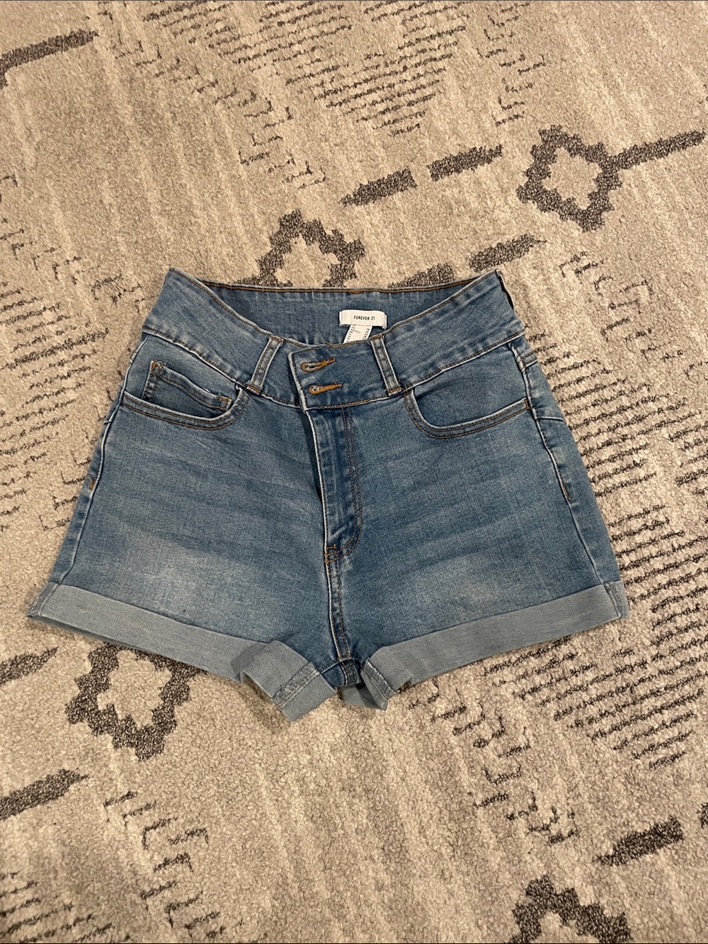 Forever 21 Light Blue High-Waist Rolled Hem Denim Shorts